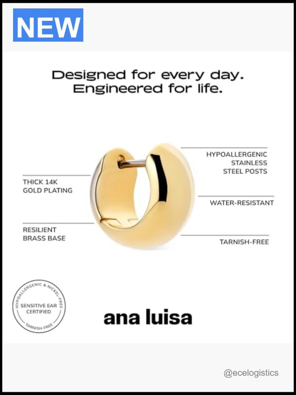 14K Gold Plated Huggie Hoop Earrings Hypoallergenic Chunky Hoops Water-Resistant